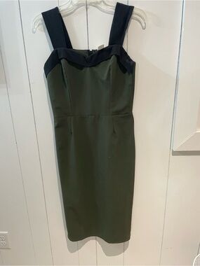 Sleeveless Olive Sheath Dress with Black Trim